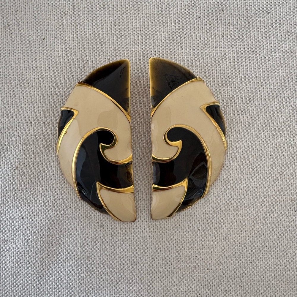 Vintage Berebi Statement Black & Gold Enamel Earrings